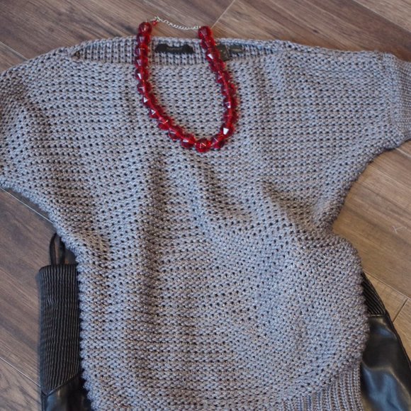 Gray Knit Sprit Sweater& Faux Leather Skirt - Picture 11 of 15